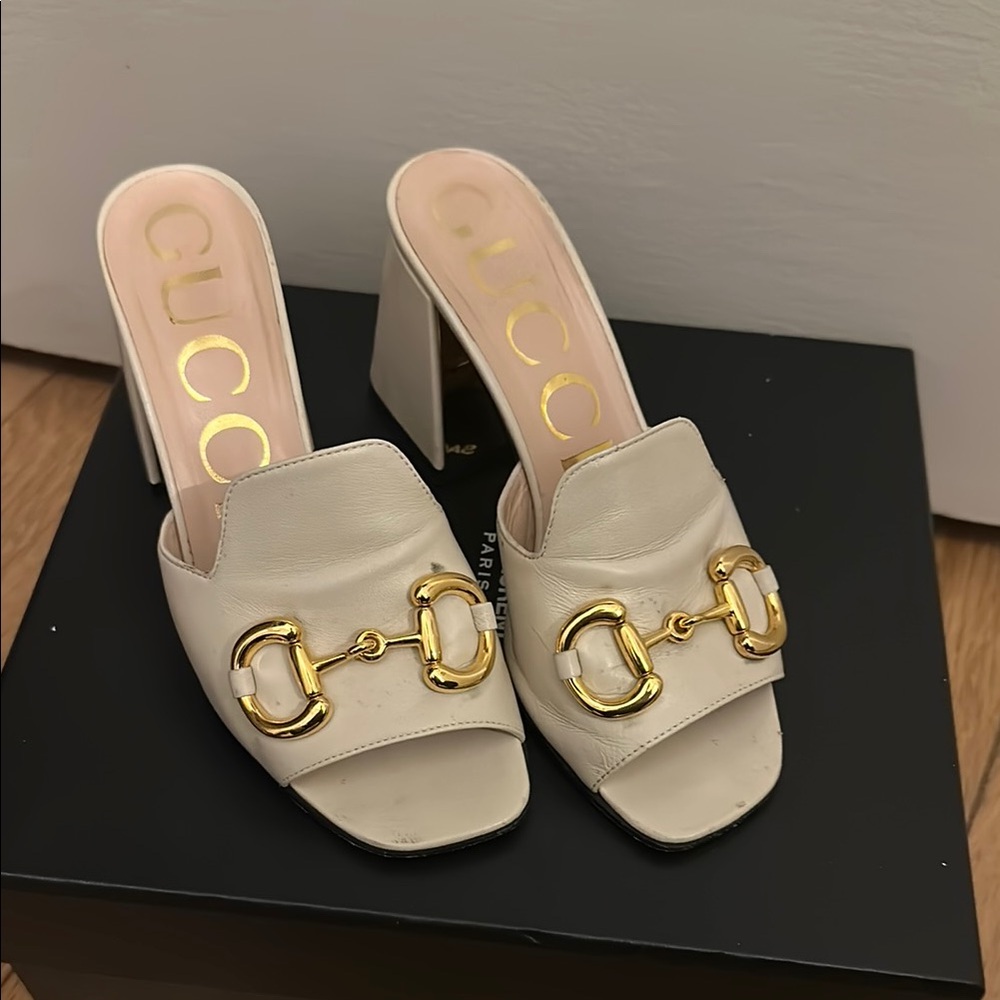 Gucci Women's Cream Leather Mules with Gold Accents